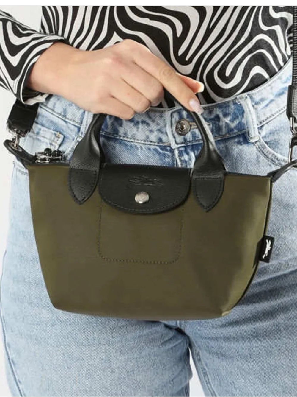 Longchamp Olive Green Mini Tote with Black Trim